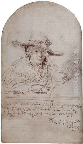 Saskia In A Straw Hat Oil Painting by Rembrandt Van Rijn