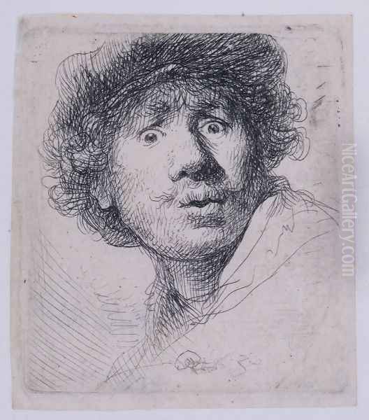 Self Portrait with a Cap, openmouthed Oil Painting by Rembrandt Van Rijn