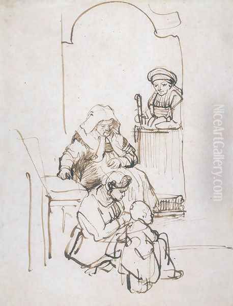 Three Women and a Child at the Door Oil Painting by Rembrandt Van Rijn