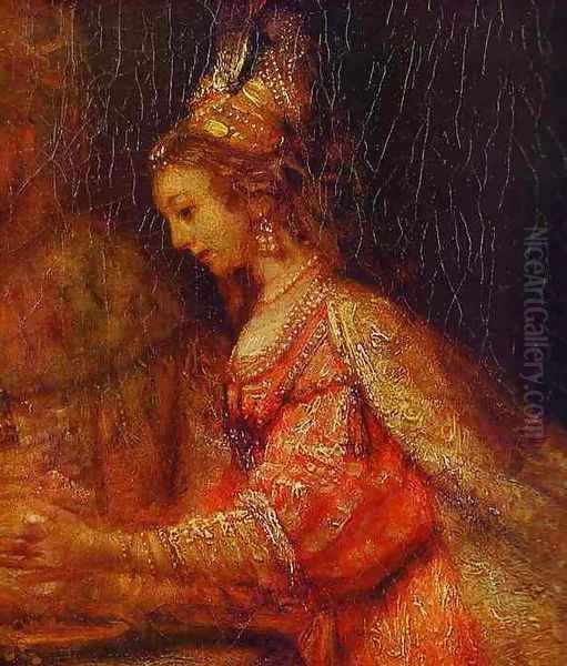 Esther. Detail of Assuerus, Haman and Esther Oil Painting by Rembrandt Van Rijn