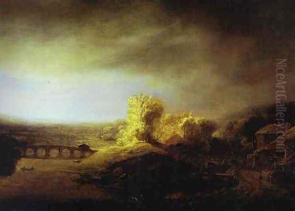 Landscape with a Long Arched Bridge Oil Painting by Rembrandt Van Rijn