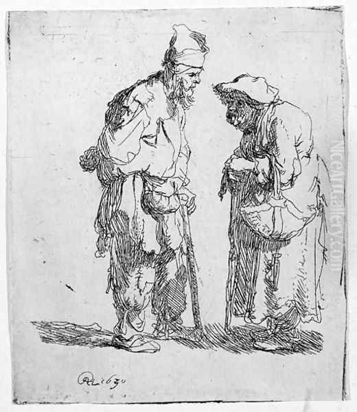 A beggar Man and beggar Woman conversing Oil Painting by Rembrandt Van Rijn