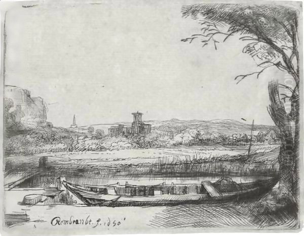 A Canal with a large Boat and Bridge Oil Painting by Rembrandt Van Rijn