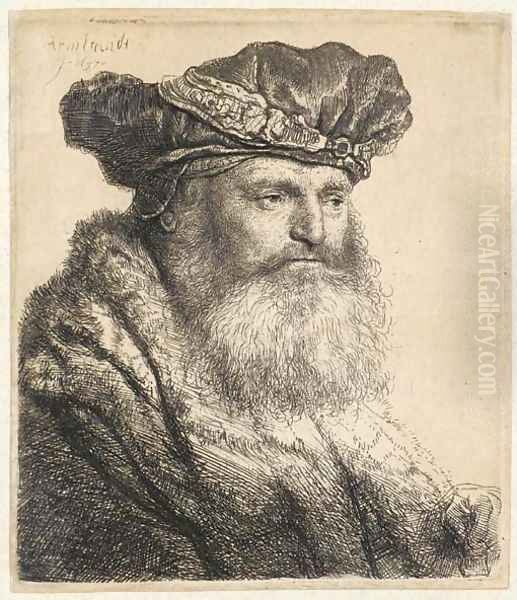 A bearded Man in a Velvet Cap with a Jewel Clasp Oil Painting by Rembrandt Van Rijn