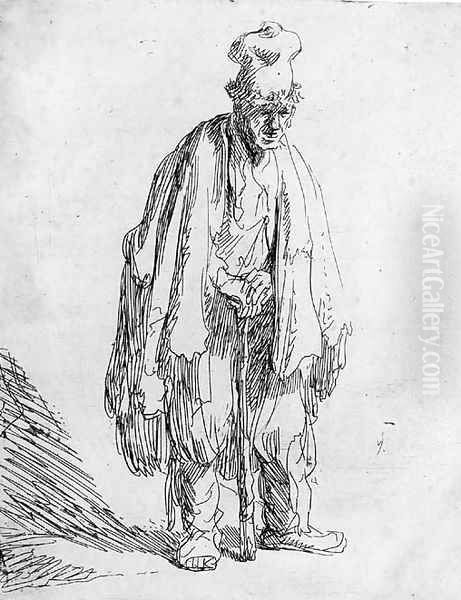 A Beggar in a high Cap, standing and leaning on a Stick Oil Painting by Rembrandt Van Rijn