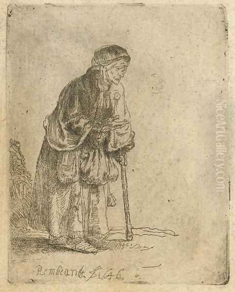 A Beggar Woman leaning on a Stick Oil Painting by Rembrandt Van Rijn