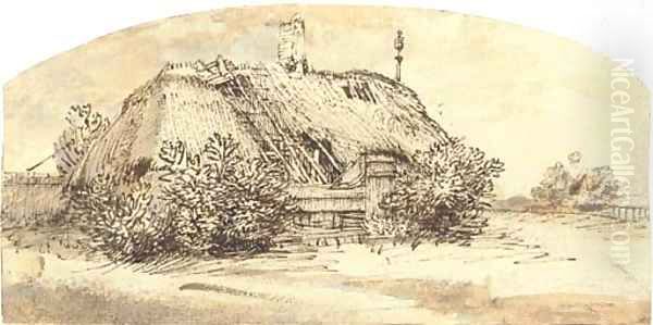 A ruined thatched cottage overgrown with bushes Oil Painting by Rembrandt Van Rijn