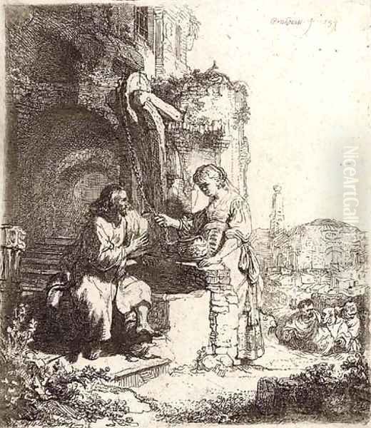 Christ and the Woman of Samaria among Ruins Oil Painting by Rembrandt Van Rijn