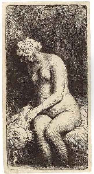 A Woman bathing her Feet at a Brook Oil Painting by Rembrandt Van Rijn