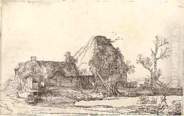 Cottages and Farm Buildings with a Man sketching Oil Painting by Rembrandt Van Rijn