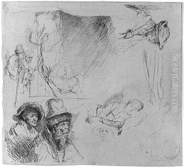 A Sheet of Studies, with a Woman Lying ill in Bed, etc. Oil Painting by Rembrandt Van Rijn