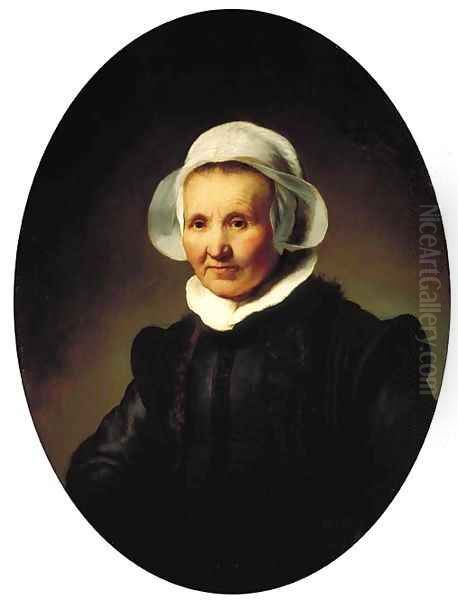 Portrait of a lady, aged 62, perhaps Aeltje Pietersdr. Uylenburgh, wife of Johannes Cornelisz. Sylvius, half-length, in black costume Oil Painting by Rembrandt Van Rijn