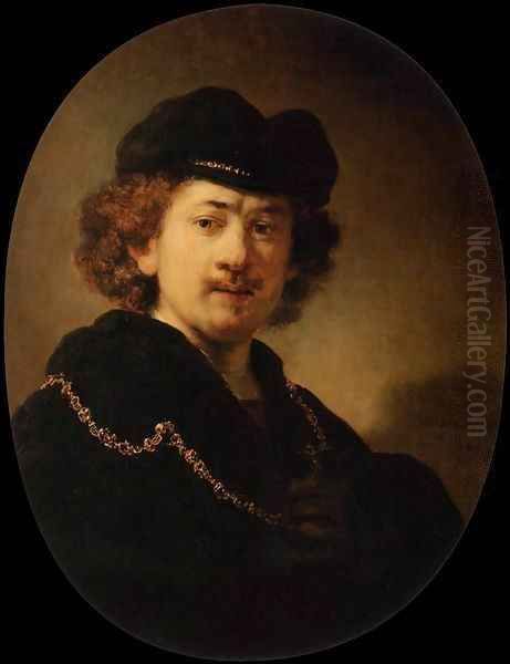 Self-Portrait Wearing a Toque and a Gold Chain Oil Painting by Rembrandt Van Rijn