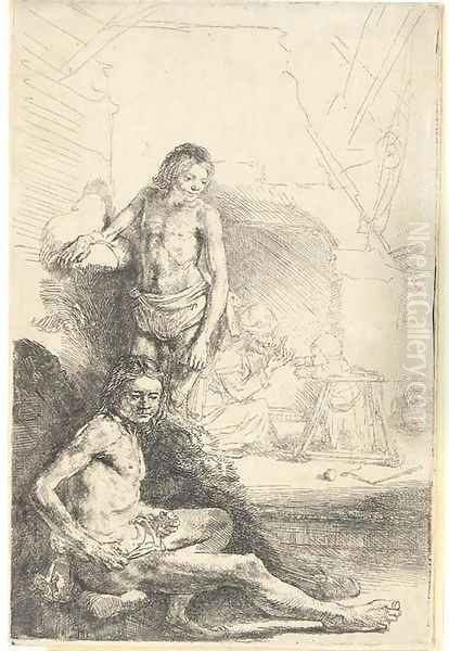 Nude Man seated and another standing, with a Woman and a Baby lightly etched in the Background Oil Painting by Rembrandt Van Rijn