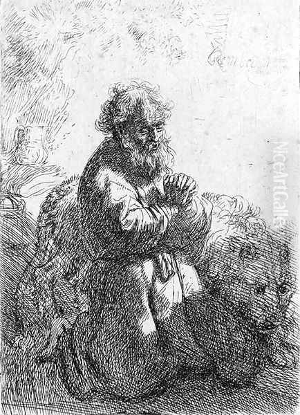 Saint Jerome kneeling in Prayer, looking down Oil Painting by Rembrandt Van Rijn