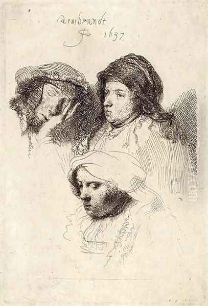 Three Heads of Women one asleep Oil Painting by Rembrandt Van Rijn