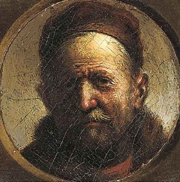 Portrait of an elderly man, small-bust-length, wearing a brown cap Oil Painting by Rembrandt Van Rijn