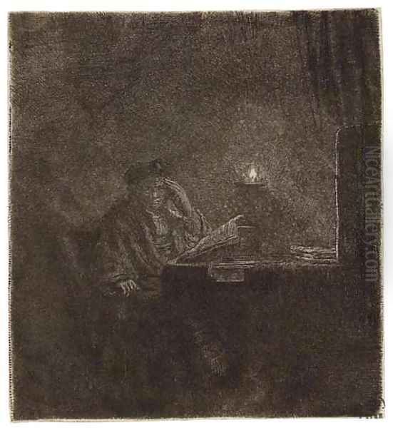 A Student at a Table by Candlelight Oil Painting by Rembrandt Van Rijn