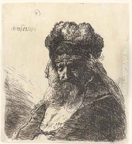 An old bearded Man in a high Fur Cap, with Eyes closed Oil Painting by Rembrandt Van Rijn