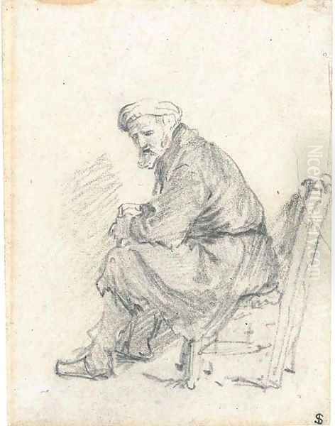 An old man wearing a turban seated in profile to the left Oil Painting by Rembrandt Van Rijn