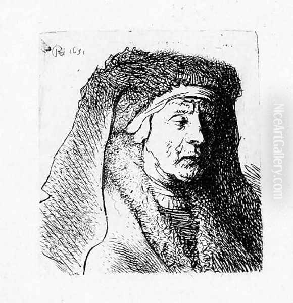 Bust of an old Woman in a furred Cloak and heavy Headdress Oil Painting by Rembrandt Van Rijn