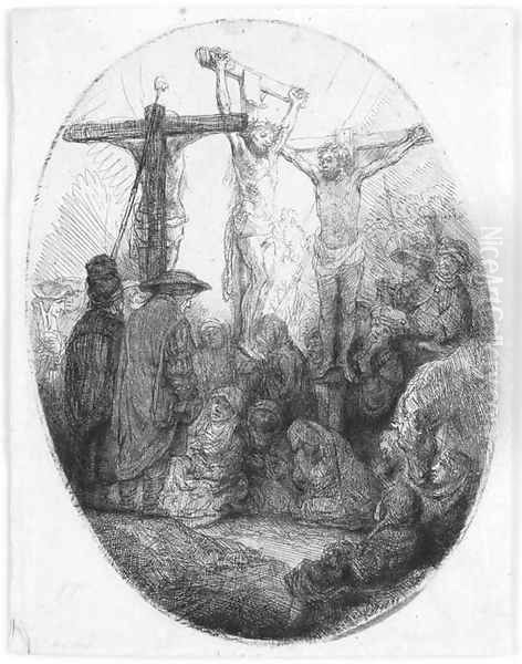 Christ crucified between the two Thieves An oval Plate Oil Painting by Rembrandt Van Rijn