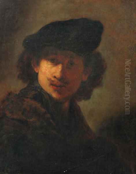 Portrait of the artist in a cap and a fur-trimmed cloak Oil Painting by Rembrandt Van Rijn