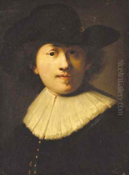 Portrait of the artist, bust length, in a black coat and hat Oil Painting by Rembrandt Van Rijn