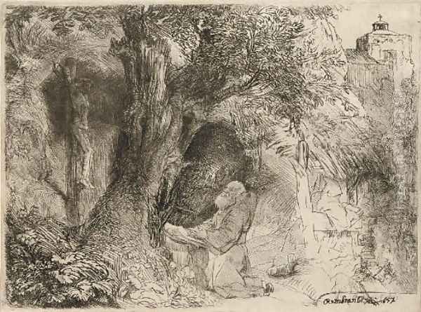 Saint Francis beneath a Tree praying Oil Painting by Rembrandt Van Rijn