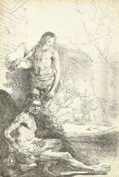 A nude Man seated and another standing, with a Woman and a Baby lightly etched in the Background Oil Painting by Rembrandt Van Rijn