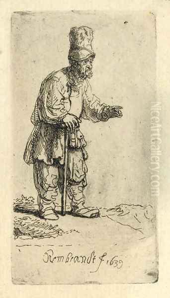 A Peasant in a high Cap, standing leaning on a Stick 2 Oil Painting by Rembrandt Van Rijn