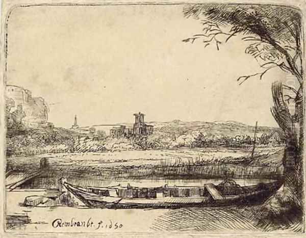 Canal with a large Boat and Bridge Oil Painting by Rembrandt Van Rijn