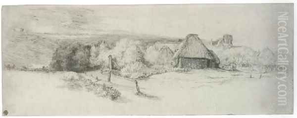 Landscape with Trees, Farm buildings and a Tower Oil Painting by Rembrandt Van Rijn