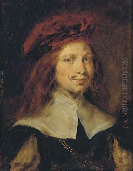 Portrait of a gentleman, bust length, wearing a red cap Oil Painting by Rembrandt Van Rijn