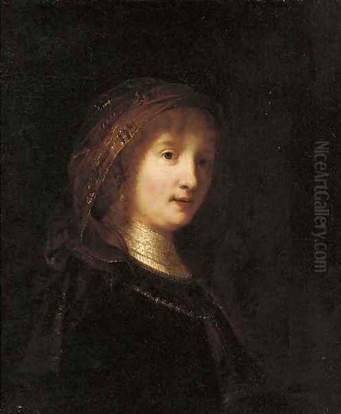 Portrait of a lady, bust-length, wearing a headdress Oil Painting by Rembrandt Van Rijn