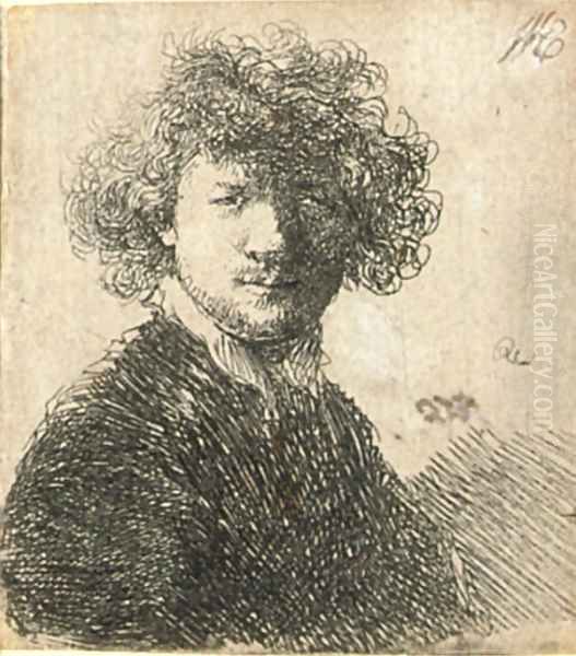 Self Portrait with curly Hair and white Collar Bust Oil Painting by Rembrandt Van Rijn