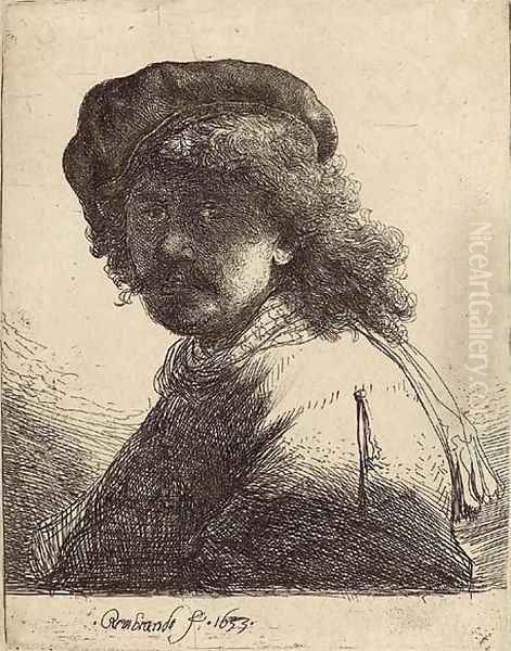 Self-Portrait in a Cap and Scarf with Face dark Bust Oil Painting by Rembrandt Van Rijn