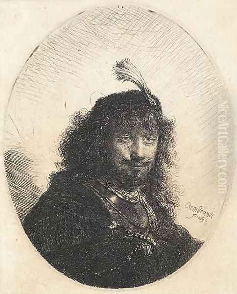 Self-Portrait with plumed Cap and lowered Sabre Oil Painting by Rembrandt Van Rijn