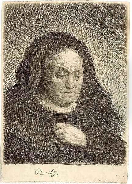 The Artist's Mother with her Hand on her Chest small Bust Oil Painting by Rembrandt Van Rijn