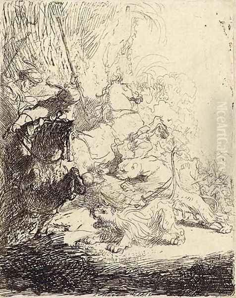 The Small Lion Hunt (with two Lions) Oil Painting by Rembrandt Van Rijn