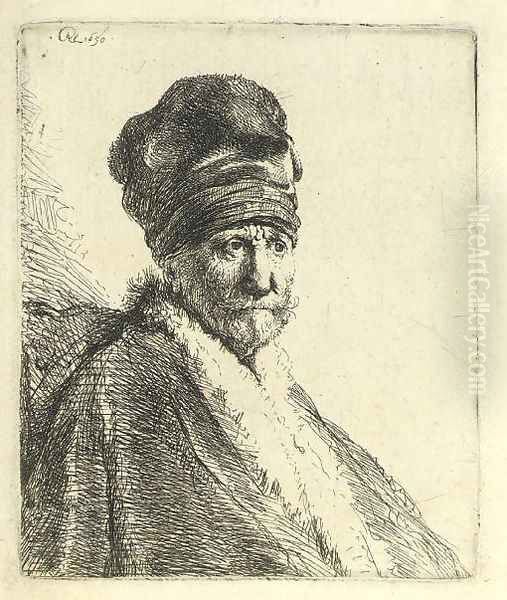 Bust of a Man wearing a High Cap (The Artists Father ) Oil Painting by Rembrandt Van Rijn