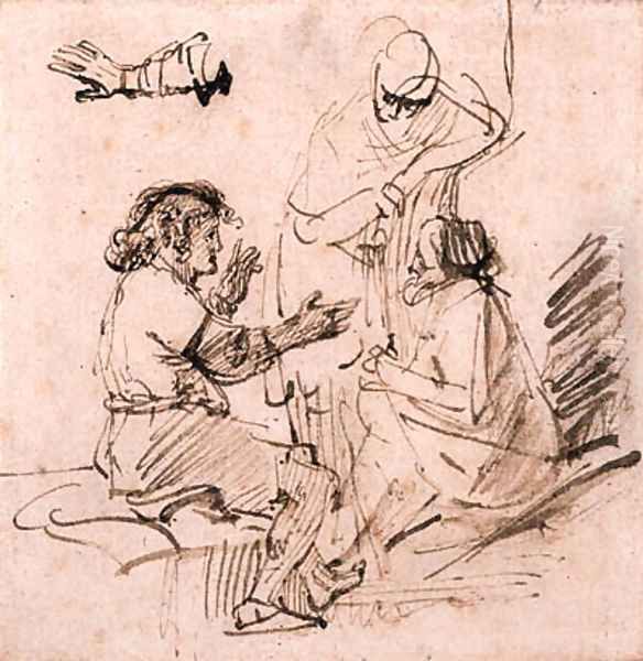 Joseph in Prison interpreting the Dreams of the Pharaoh's Baker and Butler, and a subsidiary study of an arm gesturing Oil Painting by Rembrandt Van Rijn