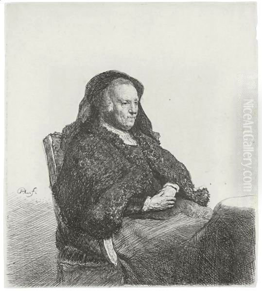 The Artist's Mother seated at a Table looking right Three-quarter Length Oil Painting by Rembrandt Van Rijn