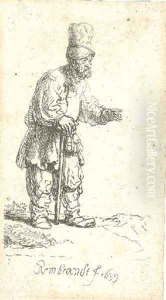 A Peasant in a high Cap, standing leaning on a Stick Oil Painting by Rembrandt Van Rijn