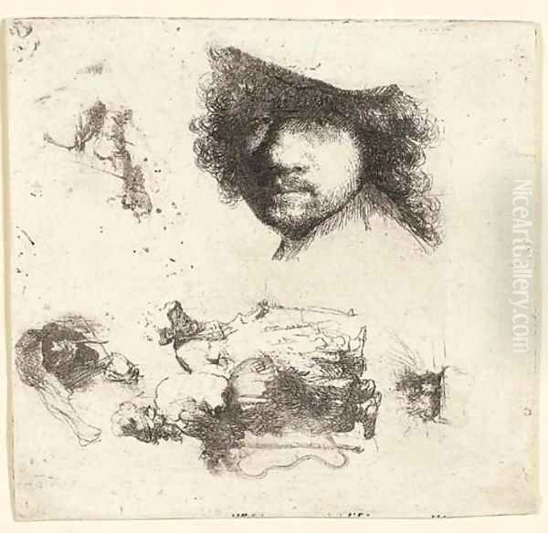 Sheet of Studies Head of the Artist, a Beggar Couple, Heads of an old Man and an old Woman, etc. Oil Painting by Rembrandt Van Rijn