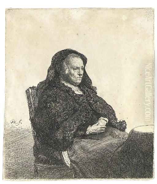 The Artist's Mother seated at a Table, looking right Oil Painting by Rembrandt Van Rijn