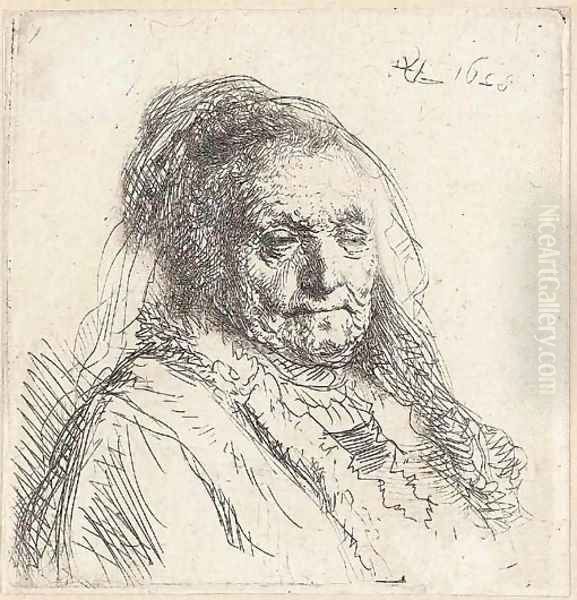 The Artist's Mother, Head and Bust Three Quarters right Oil Painting by Rembrandt Van Rijn