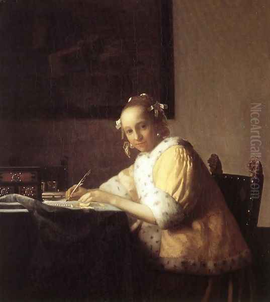 A Lady Writing a Letter 1665-66 Oil Painting by Jan Vermeer Van Delft