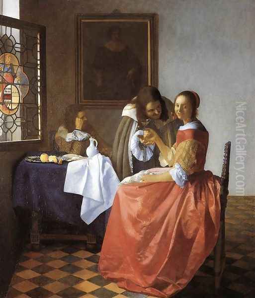 A Lady and Two Gentlemen c. 1659 Oil Painting by Jan Vermeer Van Delft