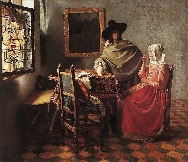 A Lady Drinking and a Gentleman c. 1658 Oil Painting by Jan Vermeer Van Delft